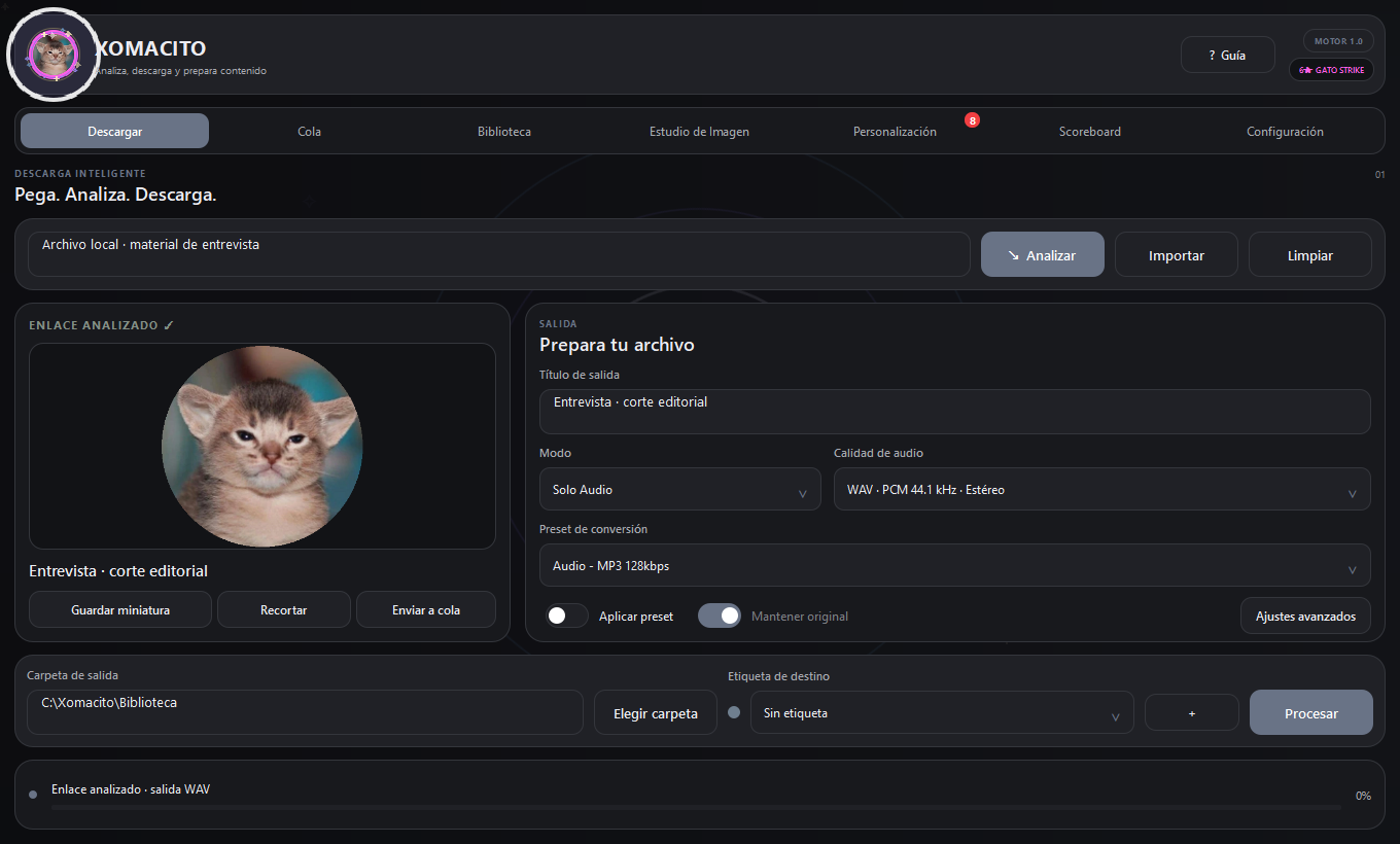 Descargador real de Xomacito 1.0 con opciones de audio y recorte